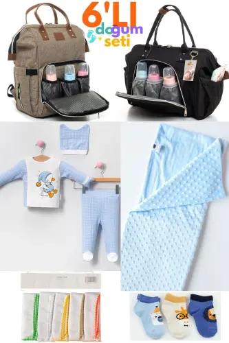 6-Piece Newborn Set (HOSPITAL OUTFIT, BABY CARE SHOULDER AND BACKPACK, BLANKET, SOCKS, HANDKERCHIEF SET)-Beige 
