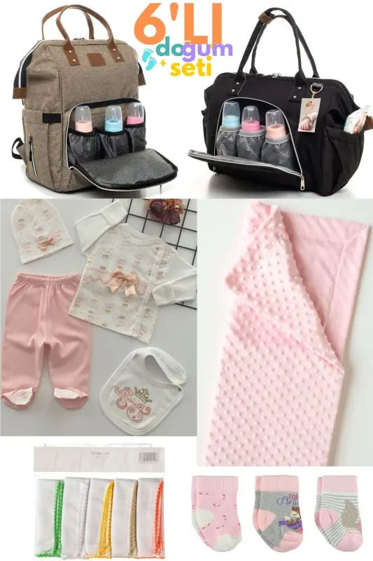 6-Piece Newborn Set (HOSPITAL OUTFIT, BABY CARE SHOULDER AND BACKPACK, BLANKET, SOCKS, HANDKERCHIEF SET) - Beige - BEYAZ BEBEK