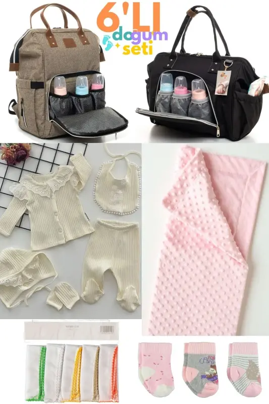 6-Piece Newborn Set (HOSPITAL OUTFIT, BABY CARE SHOULDER AND BACKPACK, BLANKET, SOCKS, HANDKERCHIEF SET) - Beige - 1
