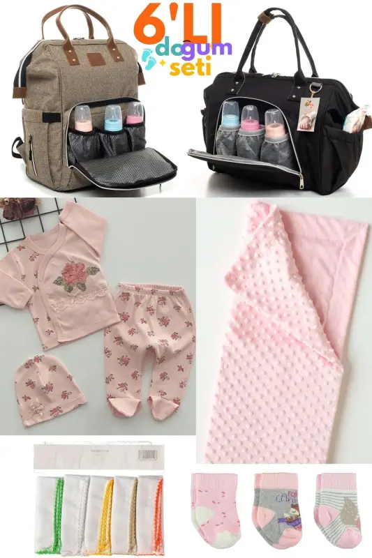 6-Piece Newborn Set (HOSPITAL OUTFIT, BABY CARE SHOULDER AND BACKPACK, BLANKET, SOCKS, HANDKERCHIEF SET)-Beige - 1