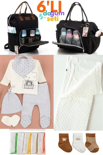 6-Piece Newborn Set (HOSPITAL OUTFIT, BABY CARE SHOULDER AND BACKPACK, BLANKET, SOCKS, HANDKERCHIEF SET)-Black 