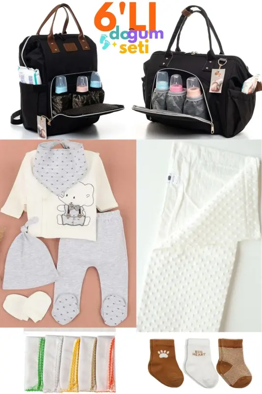 6-Piece Newborn Set (HOSPITAL OUTFIT, BABY CARE SHOULDER AND BACKPACK, BLANKET, SOCKS, HANDKERCHIEF SET)-Black - 1