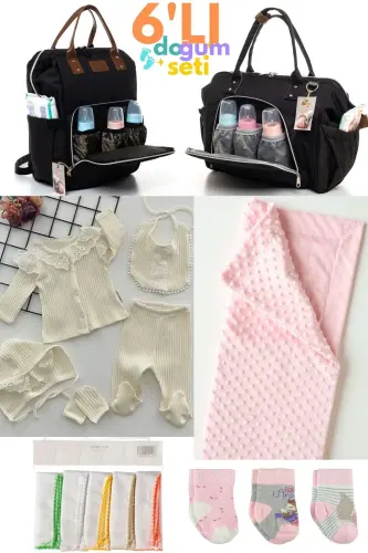 6-Piece Newborn Set (HOSPITAL OUTFIT, BABY CARE SHOULDER AND BACKPACK, BLANKET, SOCKS, HANDKERCHIEF SET) - Black 