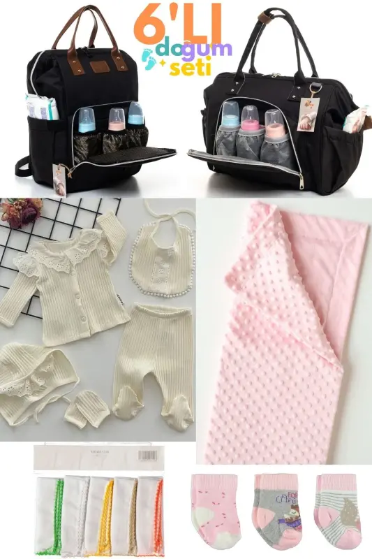 6-Piece Newborn Set (HOSPITAL OUTFIT, BABY CARE SHOULDER AND BACKPACK, BLANKET, SOCKS, HANDKERCHIEF SET) - Black - 1