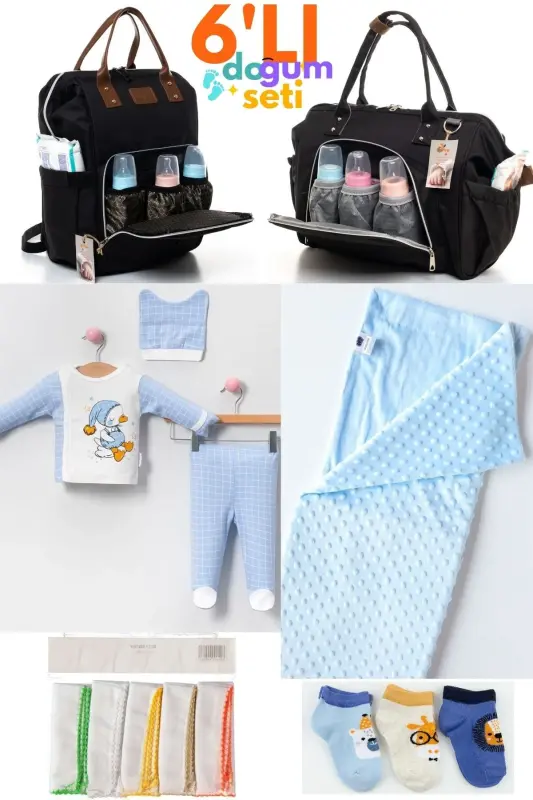 6-Piece Newborn Set (HOSPITAL OUTFIT, BABY CARE SHOULDER AND BACKPACK, BLANKET, SOCKS, HANDKERCHIEF SET) - Black - BEYAZ BEBEK