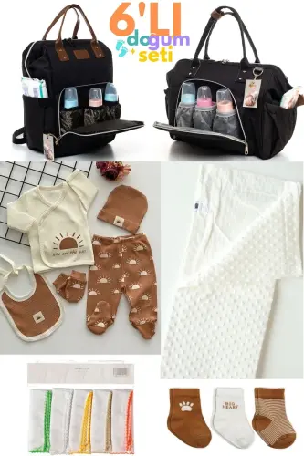 6-Piece Newborn Set (HOSPITAL OUTFIT, BABY CARE SHOULDER AND BACKPACK, BLANKET, SOCKS, HANDKERCHIEF SET) - Black 