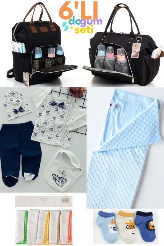 6-Piece Newborn Set (HOSPITAL OUTFIT, BABY CARE SHOULDER AND BACKPACK, BLANKET, SOCKS, HANDKERCHIEF SET) - Black - BEYAZ BEBEK
