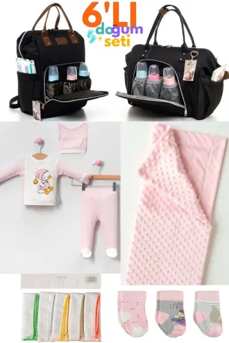 6-Piece Newborn Set (HOSPITAL OUTFIT, BABY CARE SHOULDER AND BACKPACK, BLANKET, SOCKS, HANDKERCHIEF SET) - Black 