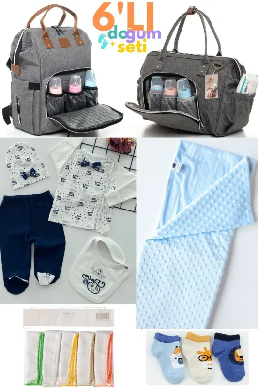 6-Piece Newborn Set (HOSPITAL OUTFIT, BABY CARE SHOULDER AND BACKPACK, BLANKET, SOCKS, HANDKERCHIEF SET)-Gray - 1