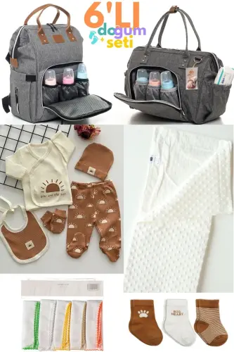 6-Piece Newborn Set (HOSPITAL OUTFIT, BABY CARE SHOULDER AND BACKPACK, BLANKET, SOCKS, HANDKERCHIEF SET)-Gray 