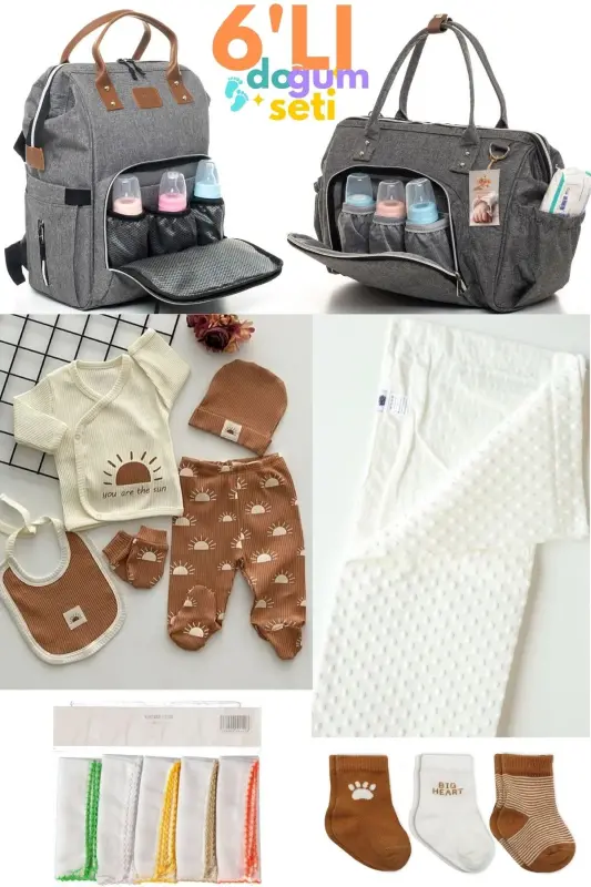 6-Piece Newborn Set (HOSPITAL OUTFIT, BABY CARE SHOULDER AND BACKPACK, BLANKET, SOCKS, HANDKERCHIEF SET)-Gray - 1