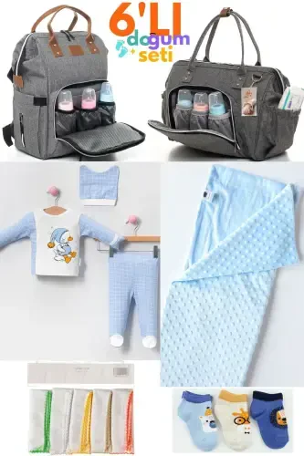 6-Piece Newborn Set (HOSPITAL OUTFIT, BABY CARE SHOULDER AND BACKPACK, BLANKET, SOCKS, HANDKERCHIEF SET)-Gray - 1