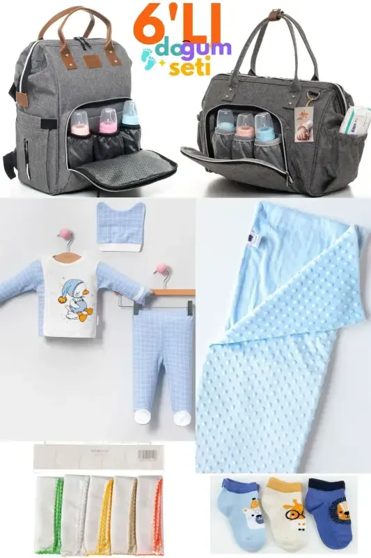 6-Piece Newborn Set (HOSPITAL OUTFIT, BABY CARE SHOULDER AND BACKPACK, BLANKET, SOCKS, HANDKERCHIEF SET)-Gray - BEYAZ BEBEK