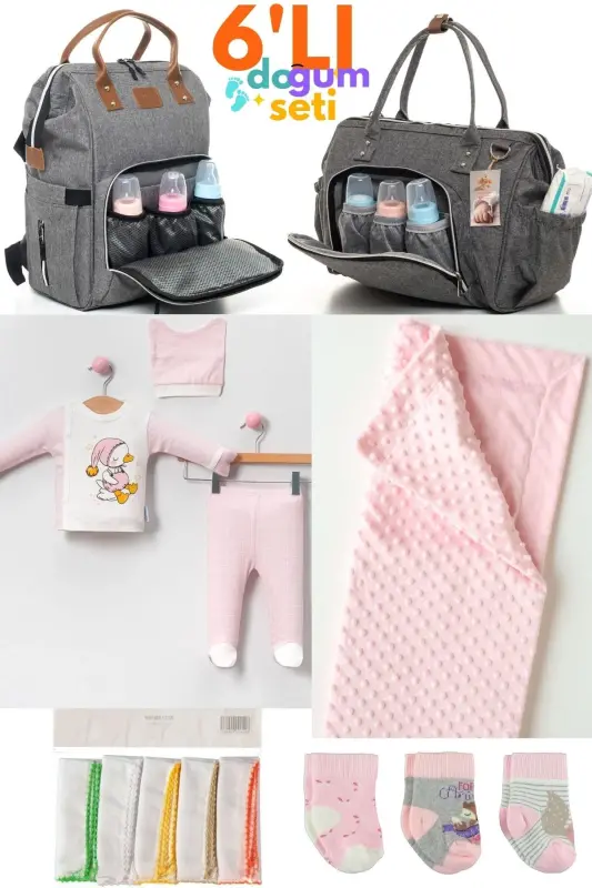 6-Piece Newborn Set (HOSPITAL OUTFIT, BABY CARE SHOULDER AND BACKPACK, BLANKET, SOCKS, HANDKERCHIEF SET)-Gray - 1