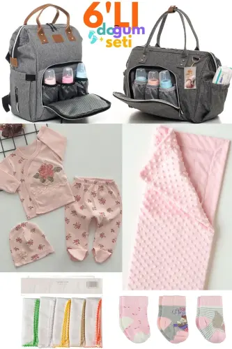 6-Piece Newborn Set (HOSPITAL OUTFIT, BABY CARE SHOULDER AND BACKPACK, BLANKET, SOCKS, HANDKERCHIEF SET)-Gray 