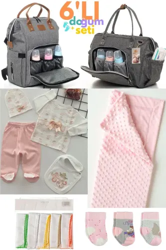 6-Piece Newborn Set (HOSPITAL OUTFIT, BABY CARE SHOULDER AND BACKPACK, BLANKET, SOCKS, HANDKERCHIEF SET)-Gray 