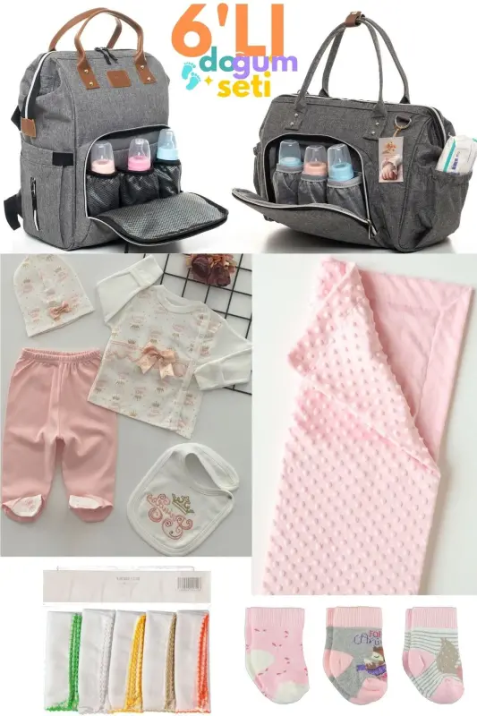 6-Piece Newborn Set (HOSPITAL OUTFIT, BABY CARE SHOULDER AND BACKPACK, BLANKET, SOCKS, HANDKERCHIEF SET)-Gray - GENEL MARKALAR