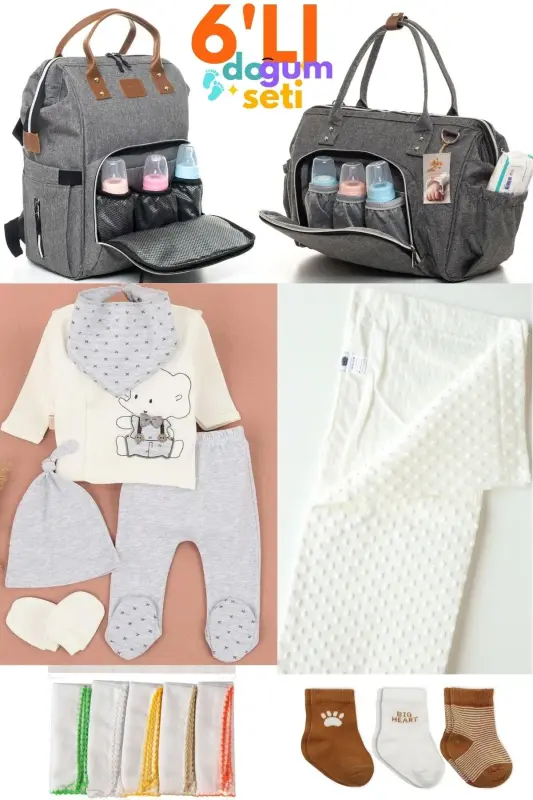6-Piece Newborn Set (HOSPITAL OUTFIT, BABY CARE SHOULDER & BACKPACK, BLANKET, SOCKS, HANDKERCHIEF SET)-Gray - BEYAZ BEBEK