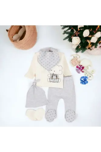 6-Piece Newborn Set (HOSPITAL OUTFIT, BABY CARE SHOULDER & BACKPACK, BLANKET, SOCKS, HANDKERCHIEF SET)-Gray - BEYAZ BEBEK (1)