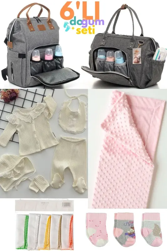 6-Piece Newborn Set (HOSPITAL OUTFIT, BABY CARE SHOULDER & BACKPACK, BLANKET, SOCKS, HANDKERCHIEF SET) - Gray - 1