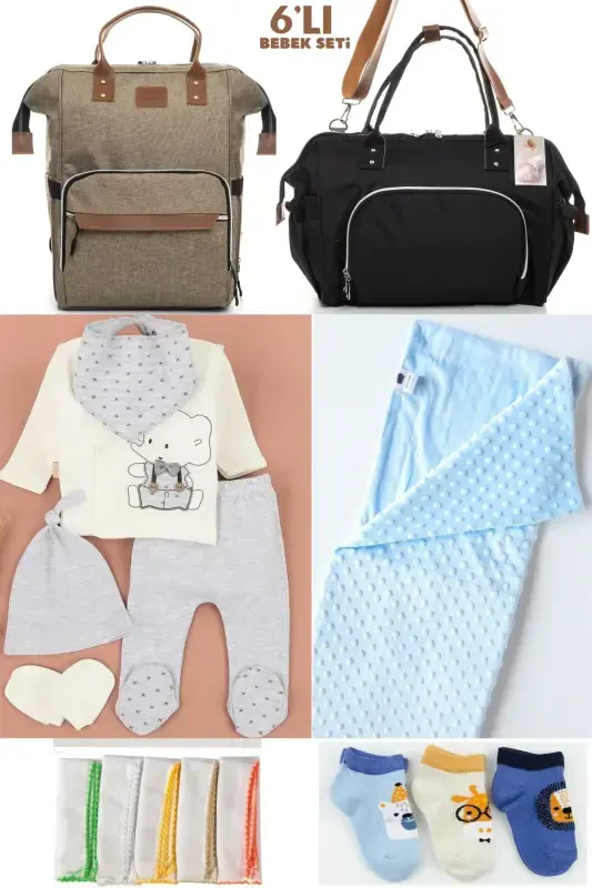 6-PIECE NEWBORN SET (HOSPITAL OUTFIT, MOM&BABY CARE SHOULDER AND BACKPACK, BLANKET, SOCKS AND CLOTH)-BEIGE - BOMBINOO