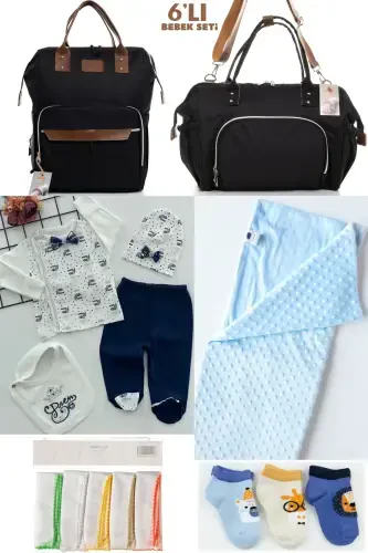 6-PIECE NEWBORN SET (HOSPITAL OUTFIT, MOM&BABY CARE SHOULDER AND BACKPACK, BLANKET, SOCKS AND CLOTH)-BLACK - 1