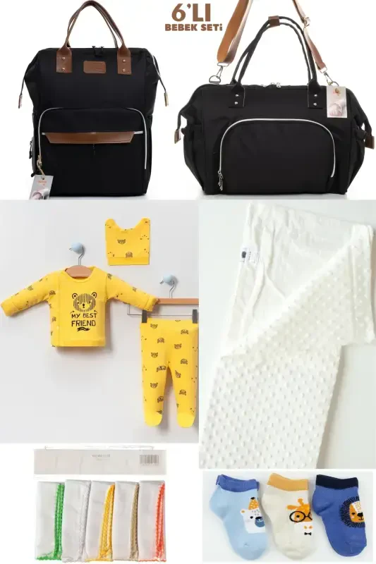 6-PIECE NEWBORN SET (HOSPITAL OUTFIT, MOM&BABY CARE SHOULDER AND BACKPACK, BLANKET, SOCKS AND CLOTH)-BLACK - 1
