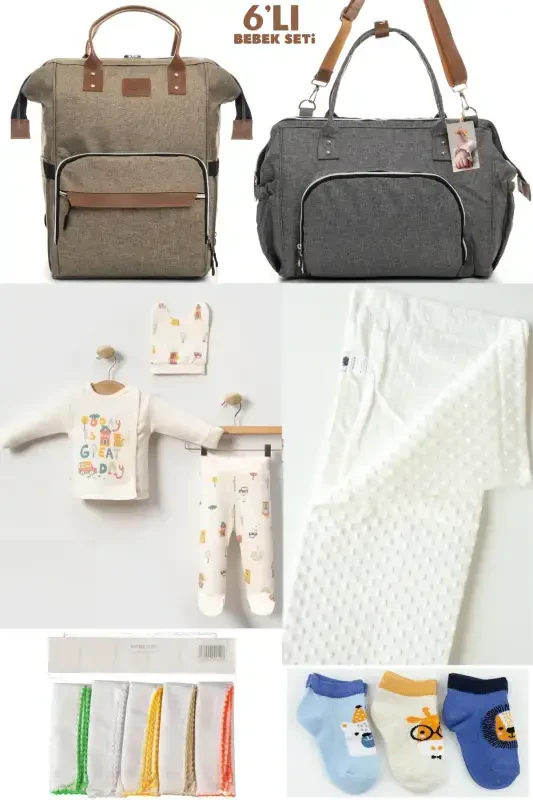 6-PIECE NEWBORN SET (HOSPITAL OUTFIT, MOM&BABY CARE SHOULDER AND BACKPACK, BLANKET, SOCKS AND HANDKERCHIEF)-BEIGE - BOMBINOO