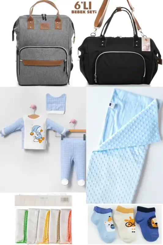 6-PIECE NEWBORN SET (HOSPITAL OUTFIT, MOM&BABY CARE SHOULDER AND BACKPACK, BLANKET, SOCKS AND HANDKERCHIEF)-GRAY - BOMBINOO