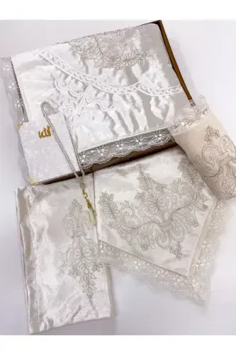 6-Piece Prayer Rug Set Bridal Trousseau Box Velvet Guipure Bride Groom Set-Beige - 1