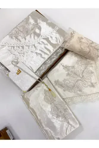 6-Piece Prayer Rug Set Bridal Trousseau Box Velvet Guipure Bride Groom Set-Beige - 3