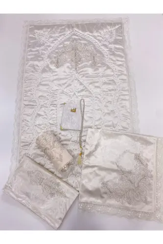 6 Piece Prayer Rug Set Dowry Bundle Boxed Velvet Guipure Bride Groom Set-Beige - 2