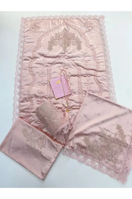 6-Piece Prayer Rug Set Dowry Bundle Boxed Velvet Guipure Bride Groom Set-Pink - 2