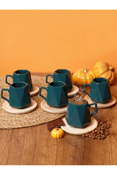 6 Piece Prism Green Coffee Cup Set with Wooden Tray - EVIMSEPETTE