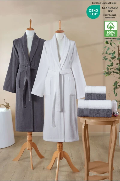 6-Piece Terry Bathrobe Set 100% Cotton Certified, Ultra Absorbent Family Bath Set White - Anthracite - ELLALINE