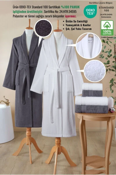 6-Piece Terry Bathrobe Set 100% Cotton Certified, Ultra Absorbent Family Bath Set White - Anthracite - ELLALINE (1)