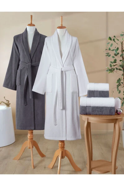 6-Piece Terry Bathrobe Set 100% Cotton Certified, Ultra Absorbent Family Bath Set White - Anthracite - 3