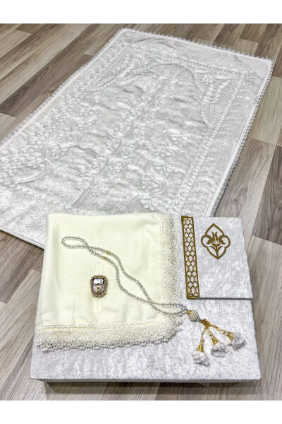 6 piece velvet prayer rug set, dowry chest with bride and groom set. - 2