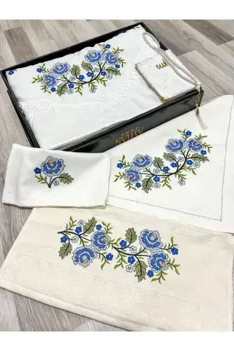 6 Pieces Cream Etamine Embroidered Prayer Rug Set for Bridal Dowry - 1