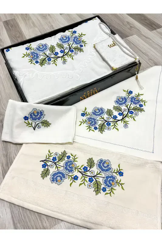 6 Pieces Cream Etamine Embroidered Prayer Rug Set for Bridal Dowry - 1