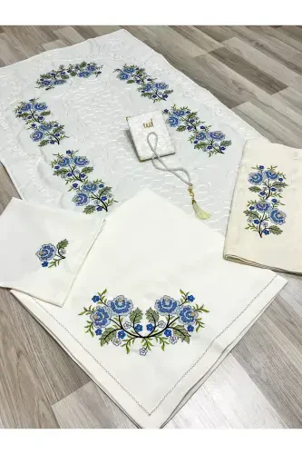 6 Pieces Cream Etamine Embroidered Prayer Rug Set for Bridal Dowry - AYHANHOME (1)