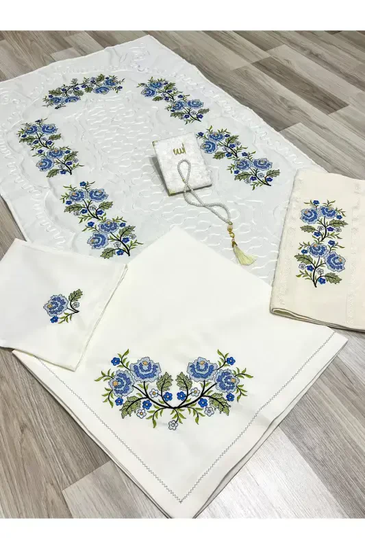 6 Pieces Cream Etamine Embroidered Prayer Rug Set for Bridal Dowry - 2