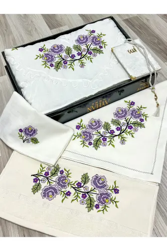 6 Pieces Etamin Embroidered Boxed Prayer Rug Set Bridal Dowry Groom Prayer Rug Set-Cream - 1
