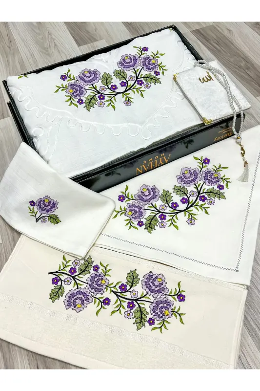 6 Pieces Etamin Embroidered Boxed Prayer Rug Set Bridal Dowry Groom Prayer Rug Set-Cream - AYHANHOME