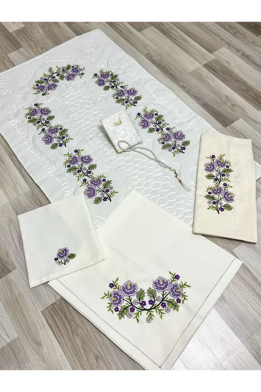 6 Pieces Etamin Embroidered Boxed Prayer Rug Set Bridal Dowry Groom Prayer Rug Set-Cream - 2