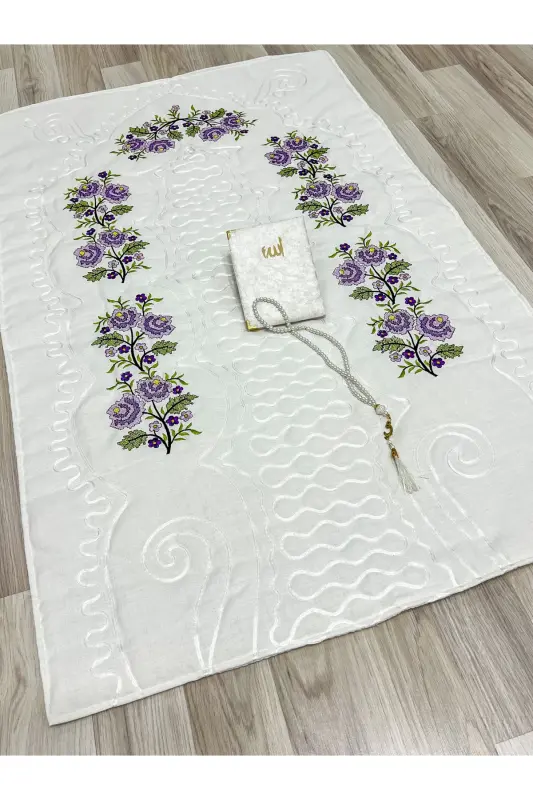 6 Pieces Etamin Embroidered Boxed Prayer Rug Set Bridal Dowry Groom Prayer Rug Set-Cream - 3