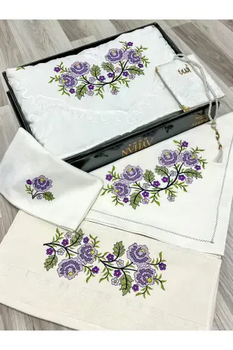 6 Pieces Etamin Embroidered Boxed Prayer Rug Set Bridal Dowry Groom Prayer Rug Set-Cream - 1