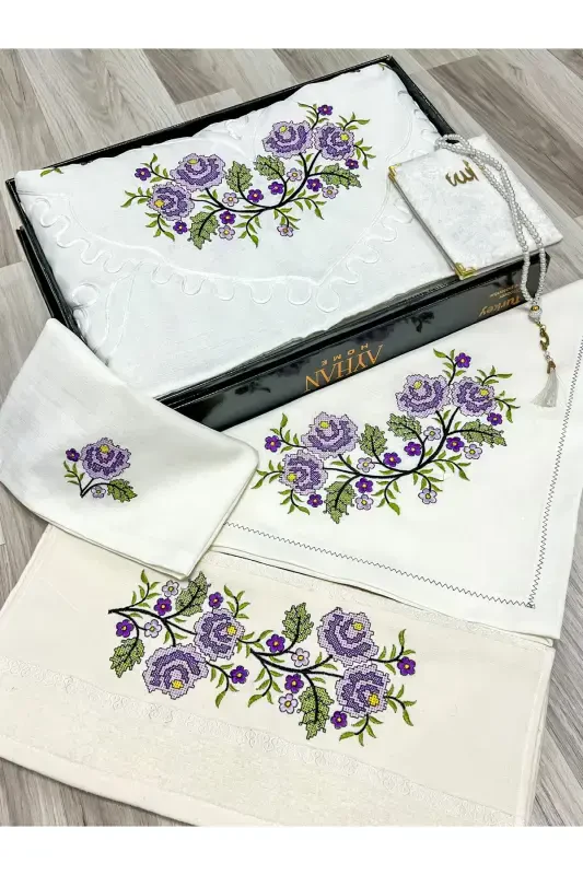 6 Pieces Etamin Embroidered Boxed Prayer Rug Set Bridal Dowry Groom Prayer Rug Set-Cream - 1