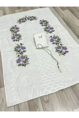 6 Pieces Etamin Embroidered Boxed Prayer Rug Set Bridal Dowry Groom Prayer Rug Set-Cream - 3