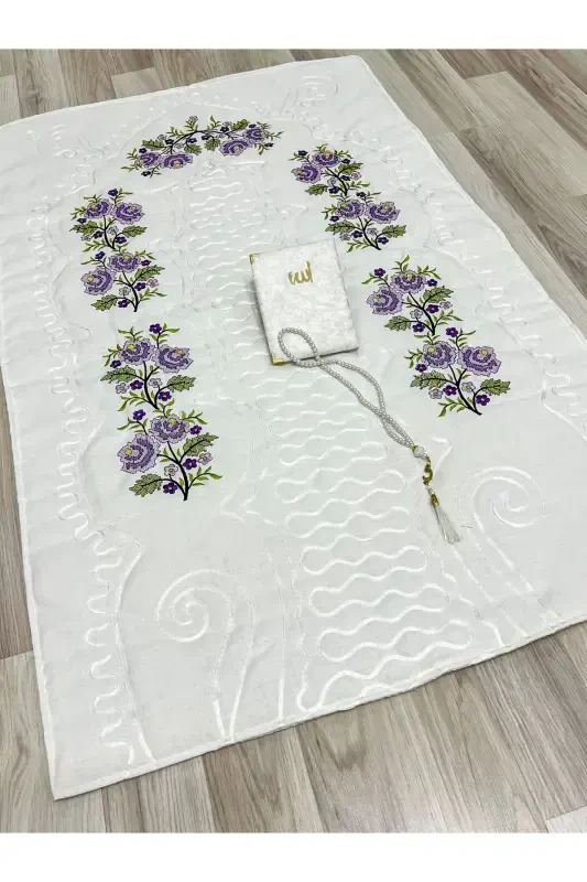 6 Pieces Etamin Embroidered Boxed Prayer Rug Set Bridal Dowry Groom Prayer Rug Set-Cream - 3